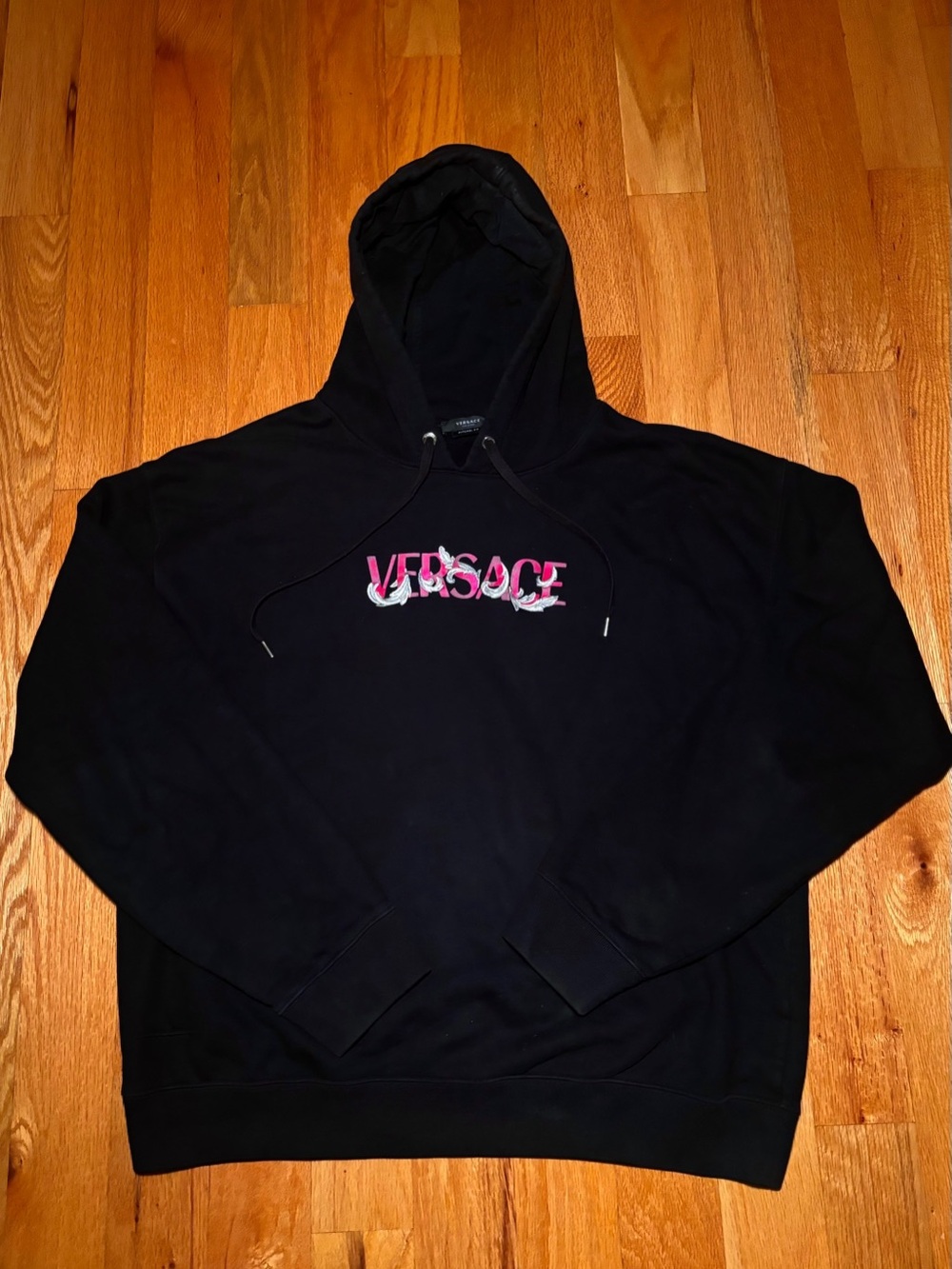 Versace Black Pink Spellout Hibiscus Logo Hoodie